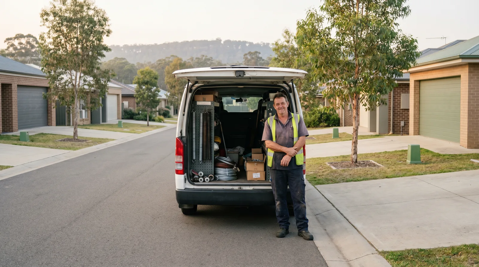 A technician standing at the open back of a plain white van with shelves of springs and parts, on a Cameron Park street
