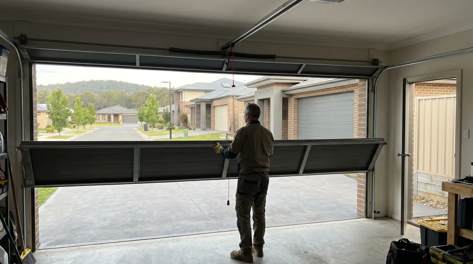 A technician hand-lifting a disconnected garage door to test its balance
