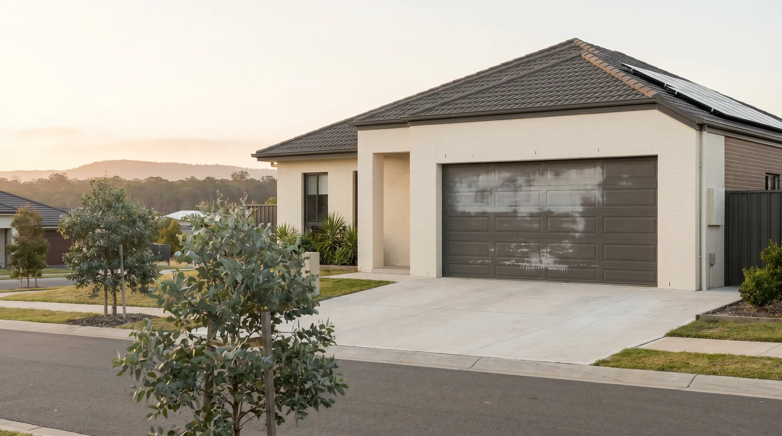 An estate home with a sun-faded garage door beside freshly painted render