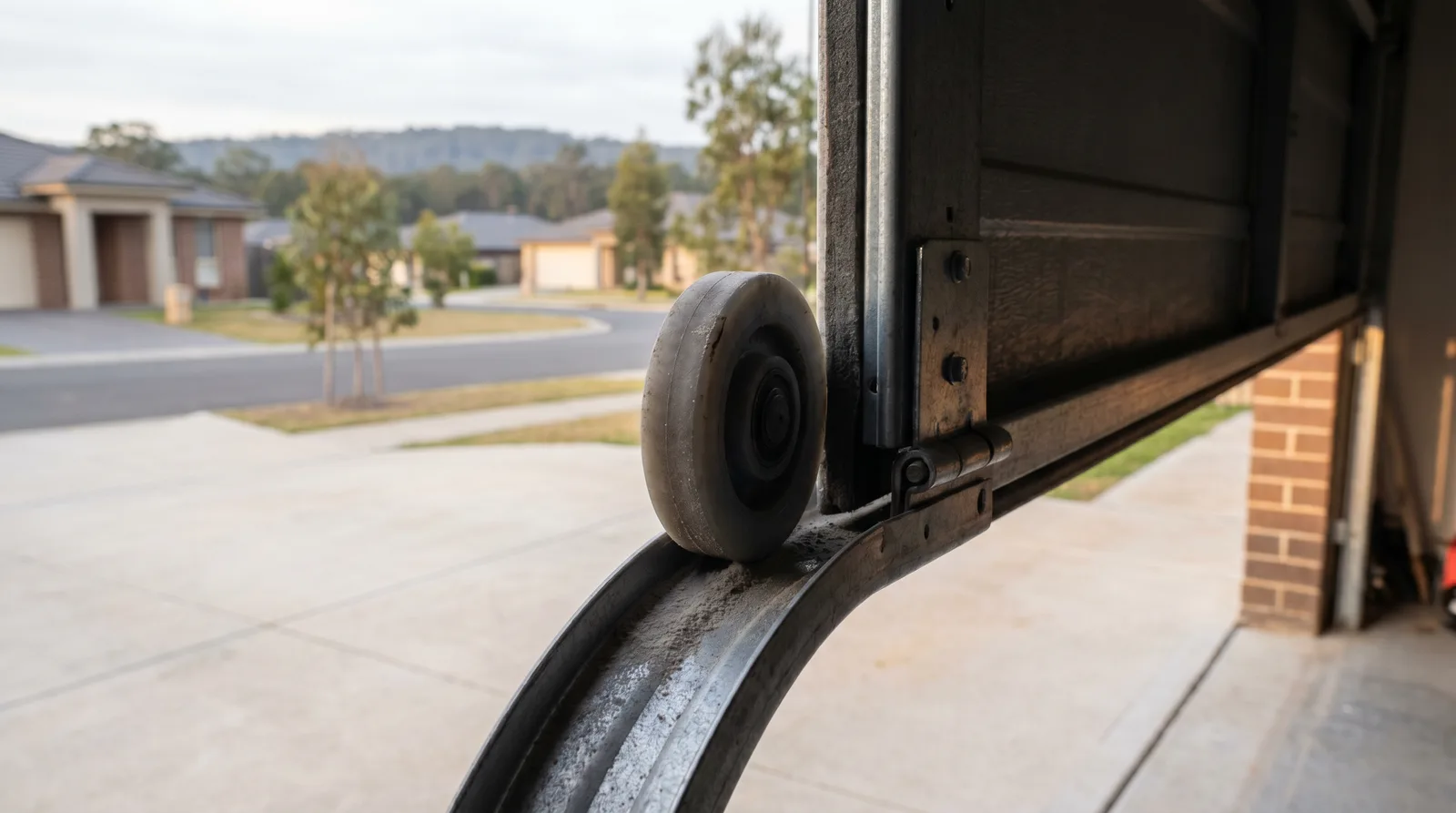 Close-up of a nylon roller riding the curved section of a garage door track