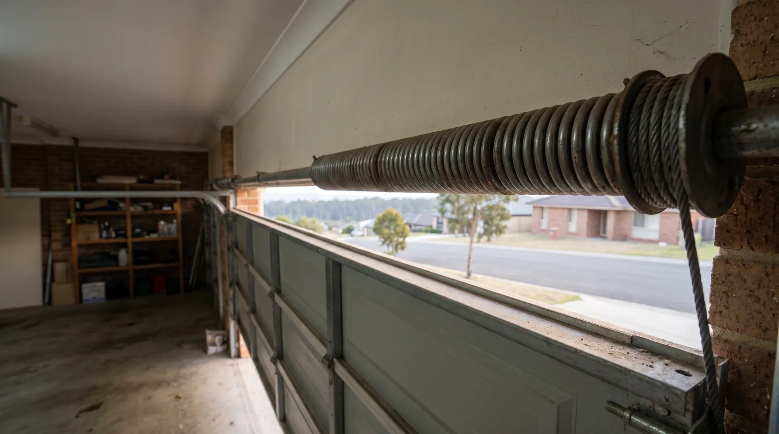 Close-up of a torsion spring and shaft mounted above a sectional garage door opening