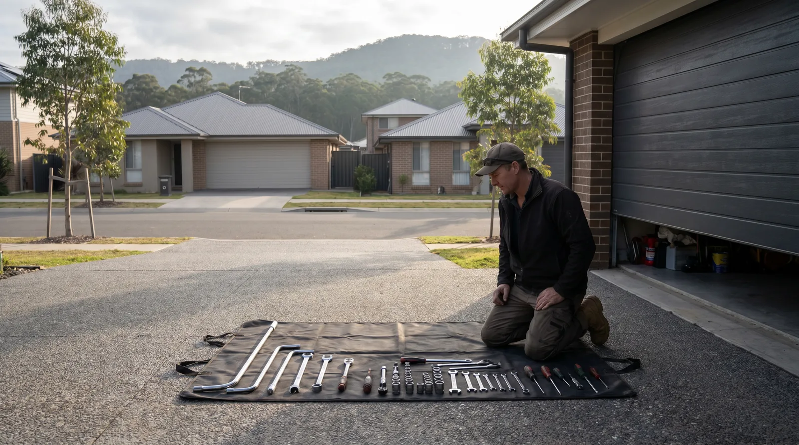 A technician kneeling at a tool mat laid out in one neat row in front of a half-open sectional garage door
